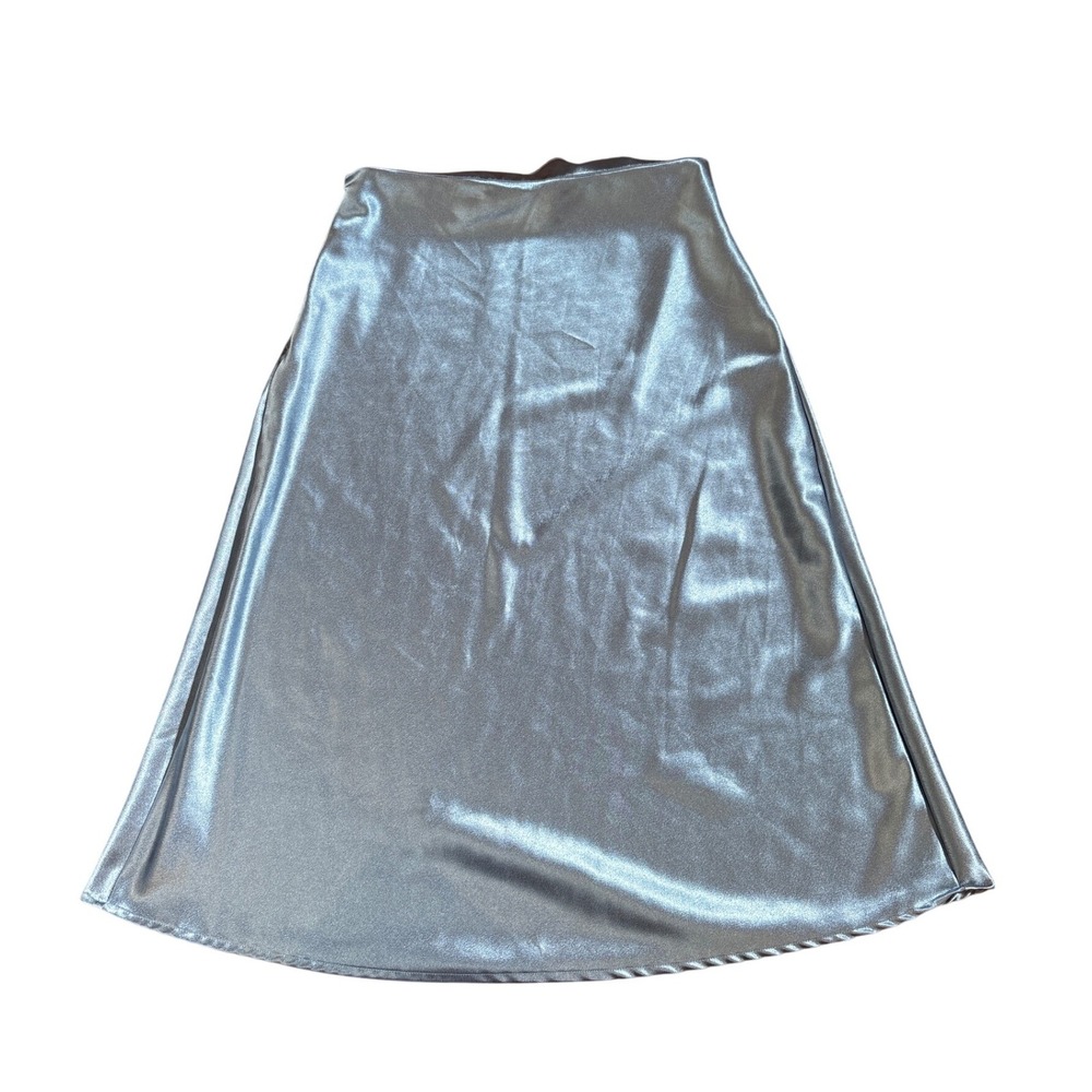 SHEIN Midi‎ Skirt Women Silver Metallic Satin High Rise A-Line SIZE XL